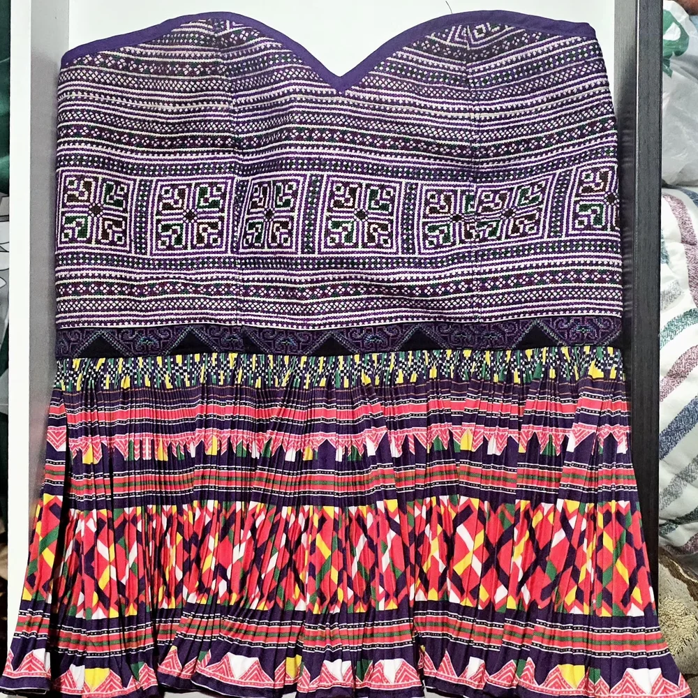 Hmong Pattern Colorful Strapless With Ruffle Flare Top - Picture 1 of 4